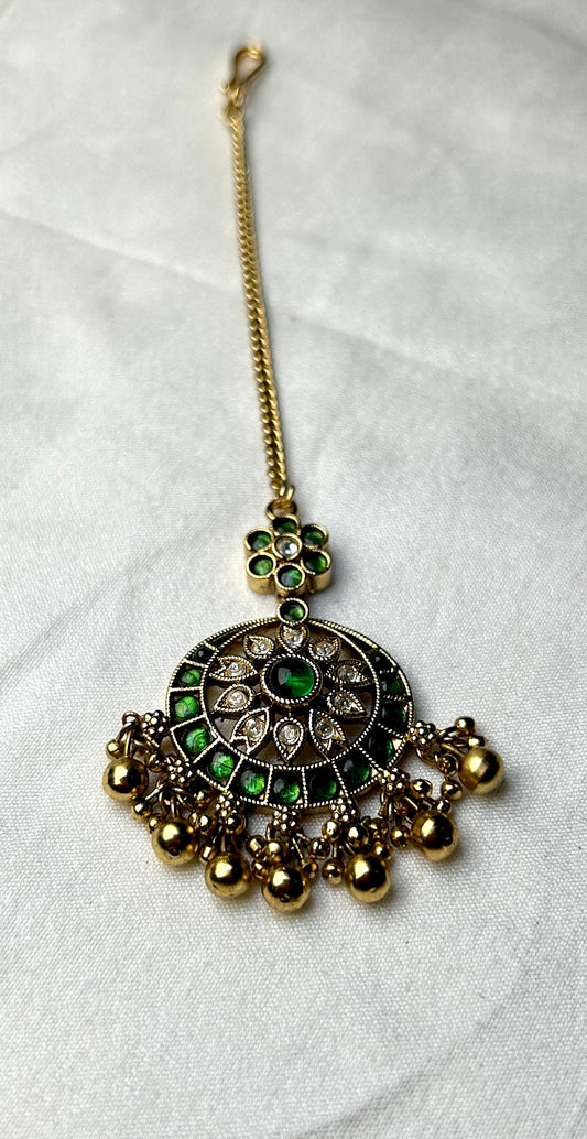 Green Kundan Floral Maang Tikka with Golden Ghungroos