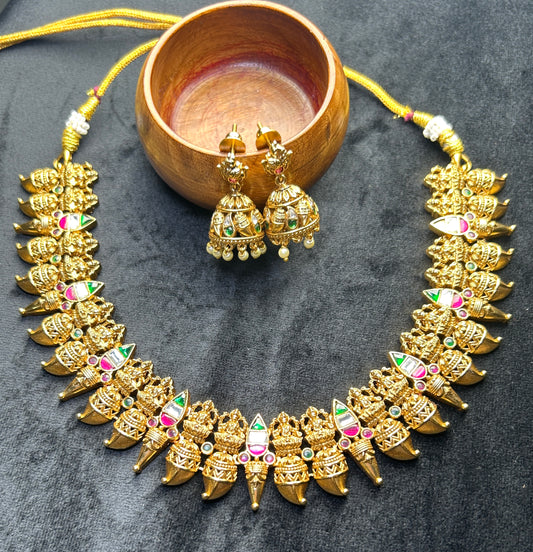 Traditional Lakshmi Necklace Set – Antique Finish with Jhumka Earrings