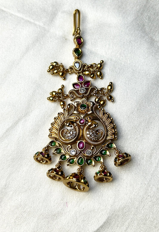 Temple-Style Peacock Maang Tikka with Jhumka Bells