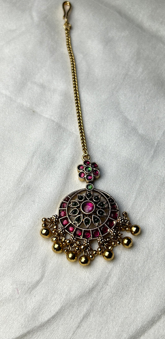 Dual-Tone Kundan Maang Tikka with Pink & Green Accents