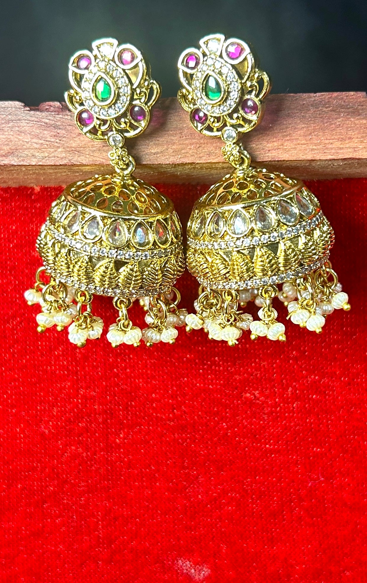 Kundan & Pearl Dome Jhumkas with Floral Studs
