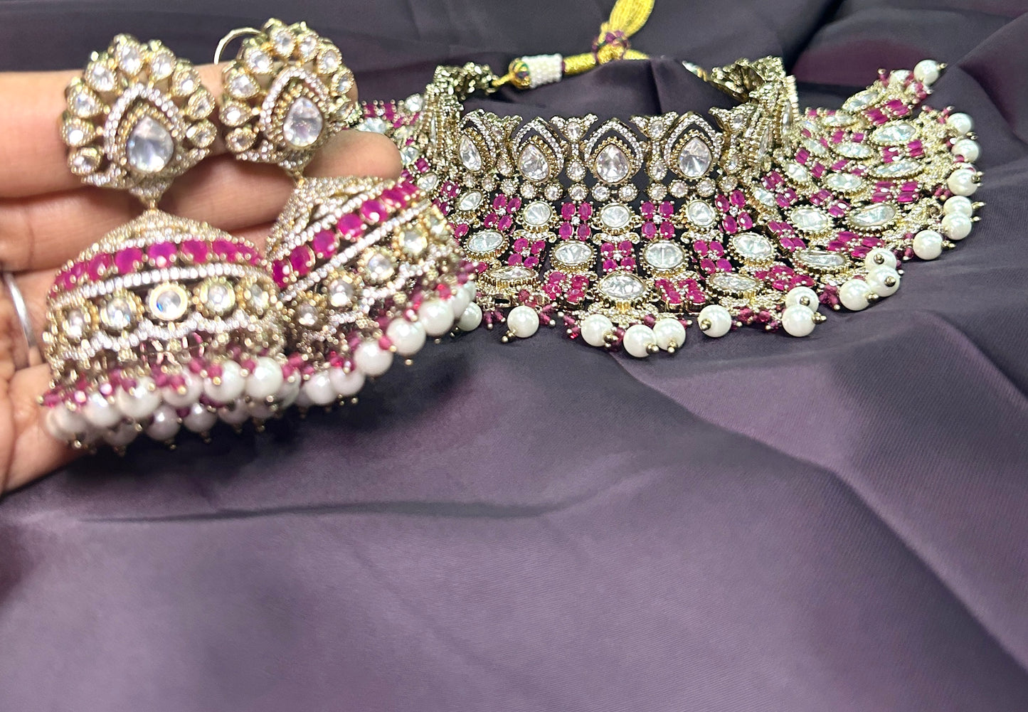 Ruby & Diamond Look Choker Necklace Set with Jhumkas