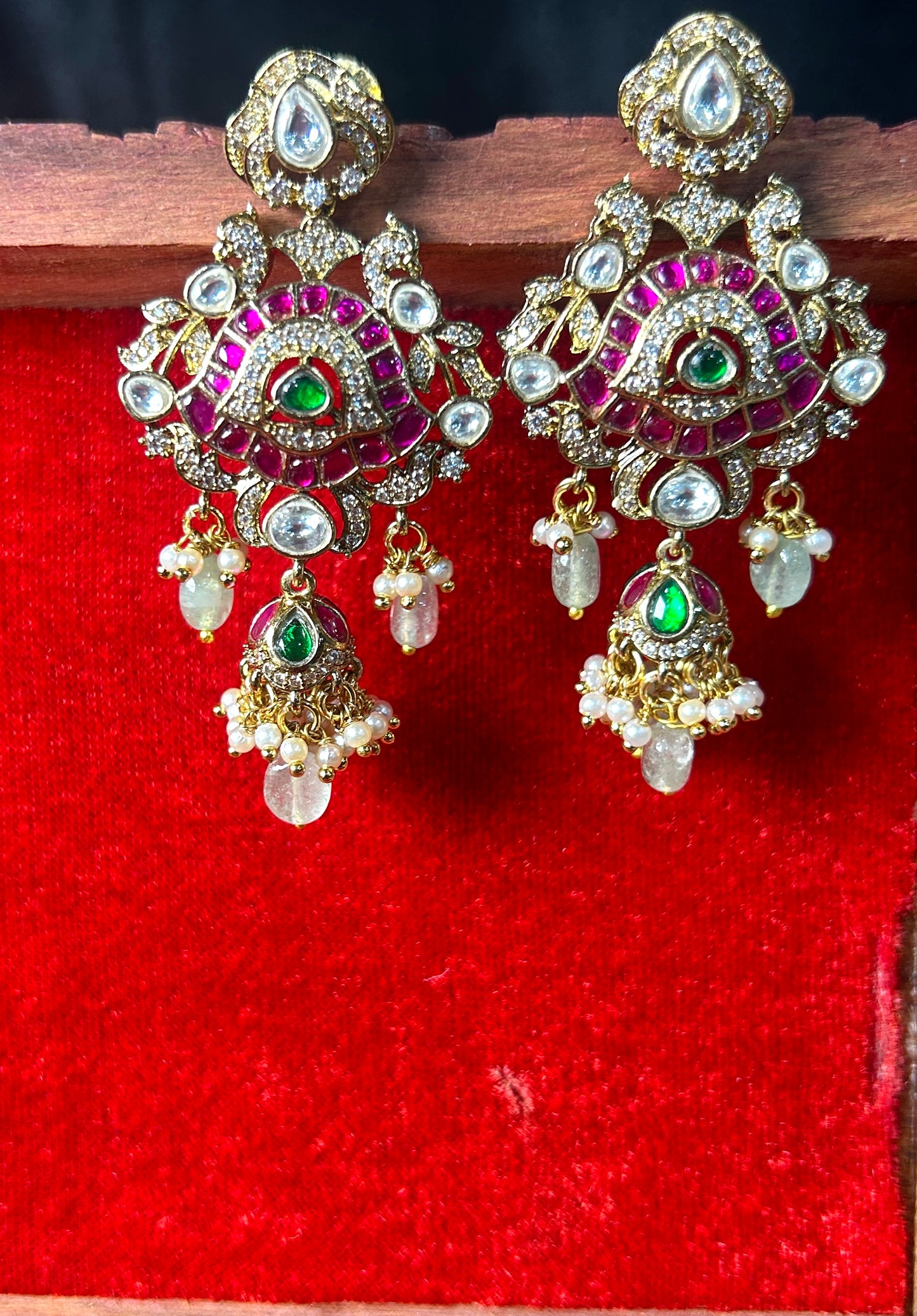 Ruby & Emerald Stone Chandbali Earrings with Pearls