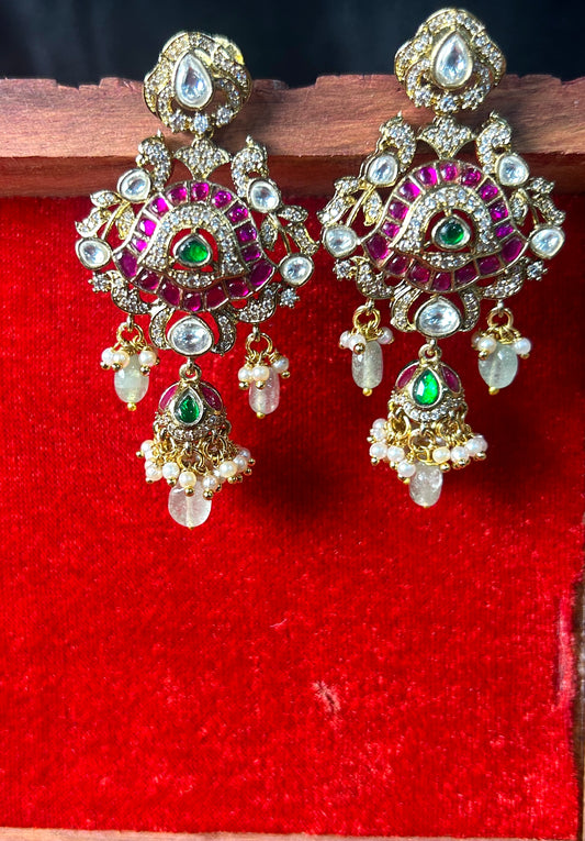 Ruby & Emerald Stone Chandbali Earrings with Pearls