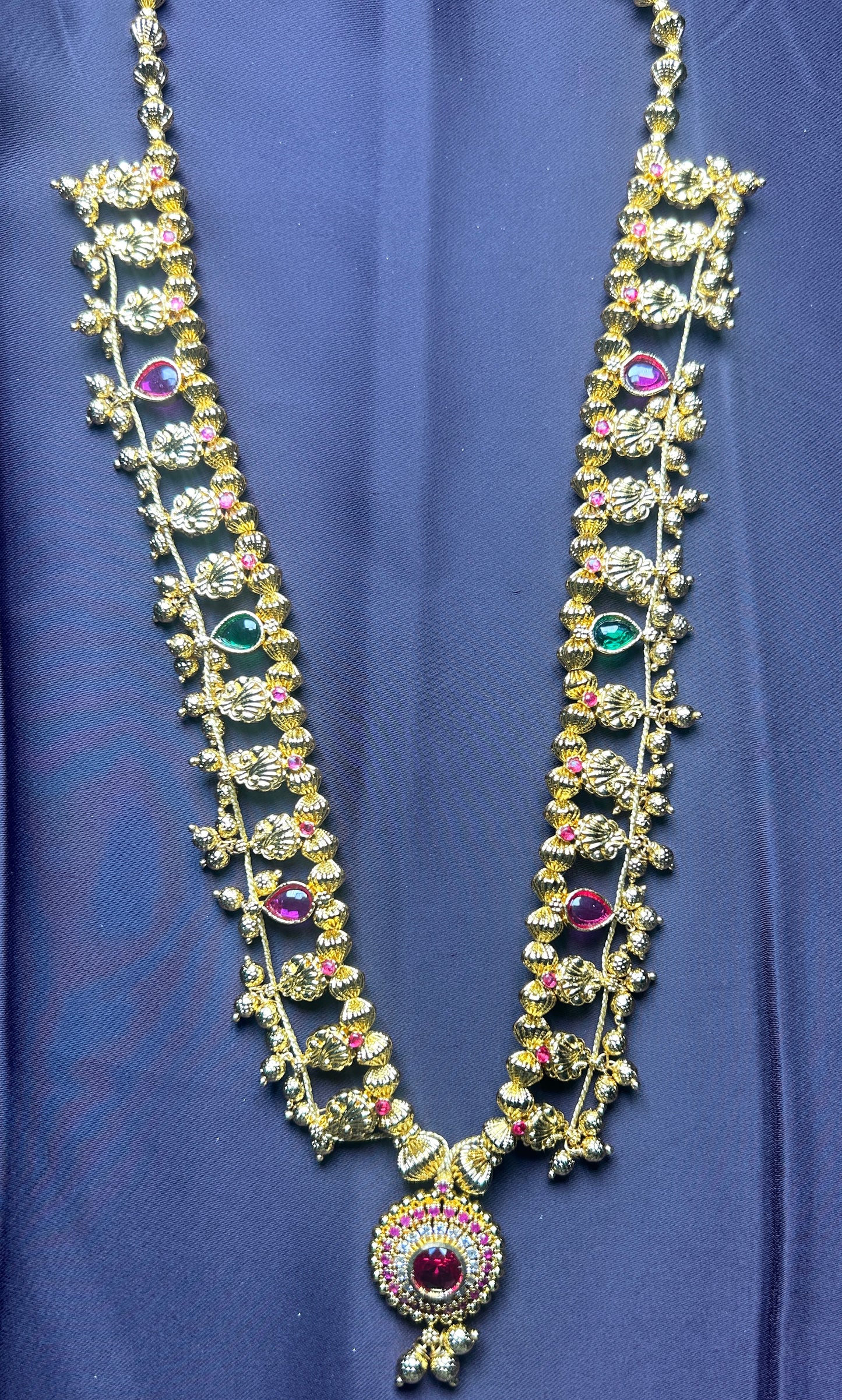 Ruby & Emerald Temple-Style Haar with Circular Pendant