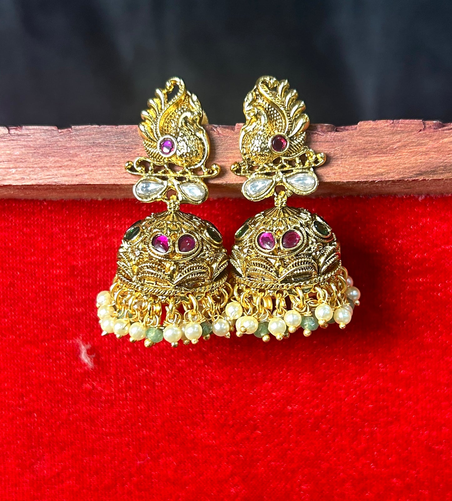 Peacock Inspired Temple Jhumka Earrings with Pearls