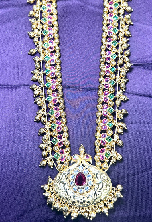 Traditional Temple-Style Haar with Ruby & Emerald Stones