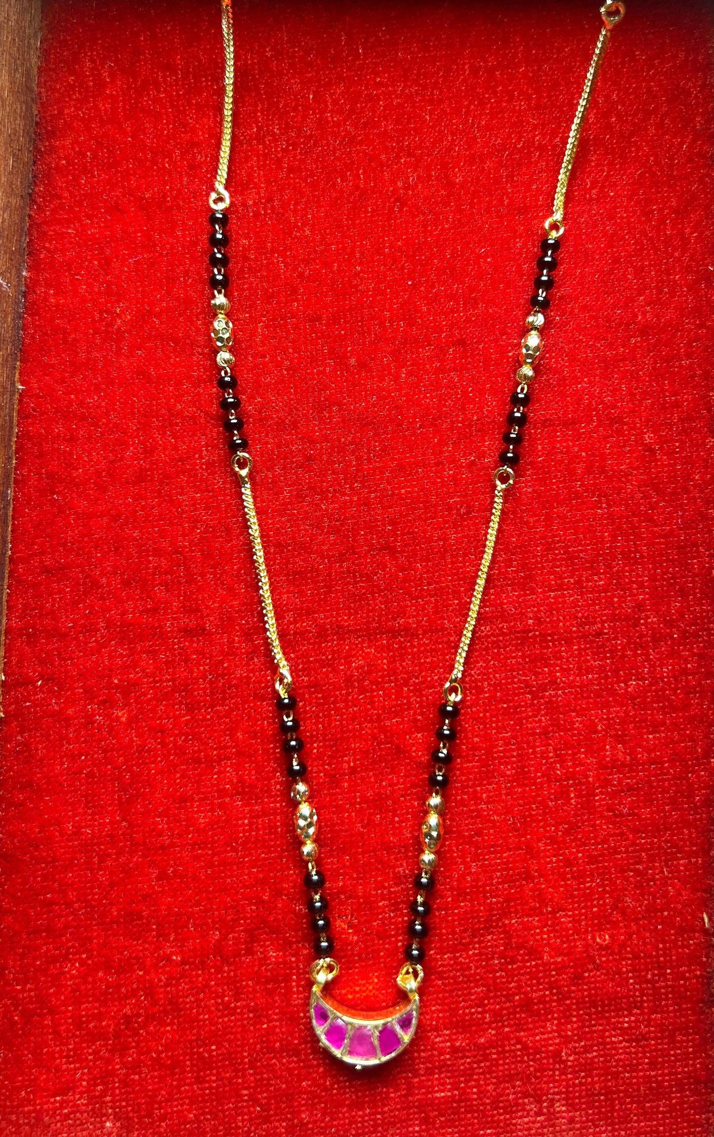 Short Mangalsutra with Pink Meena Crescent Pendant