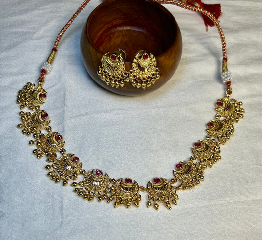 Traditional Temple Style Necklace Set – 1 Gram Gold Finish