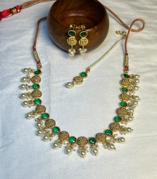 Green Kundan & Pearl Traditional Necklace Set – 1 Gram Gold Finish