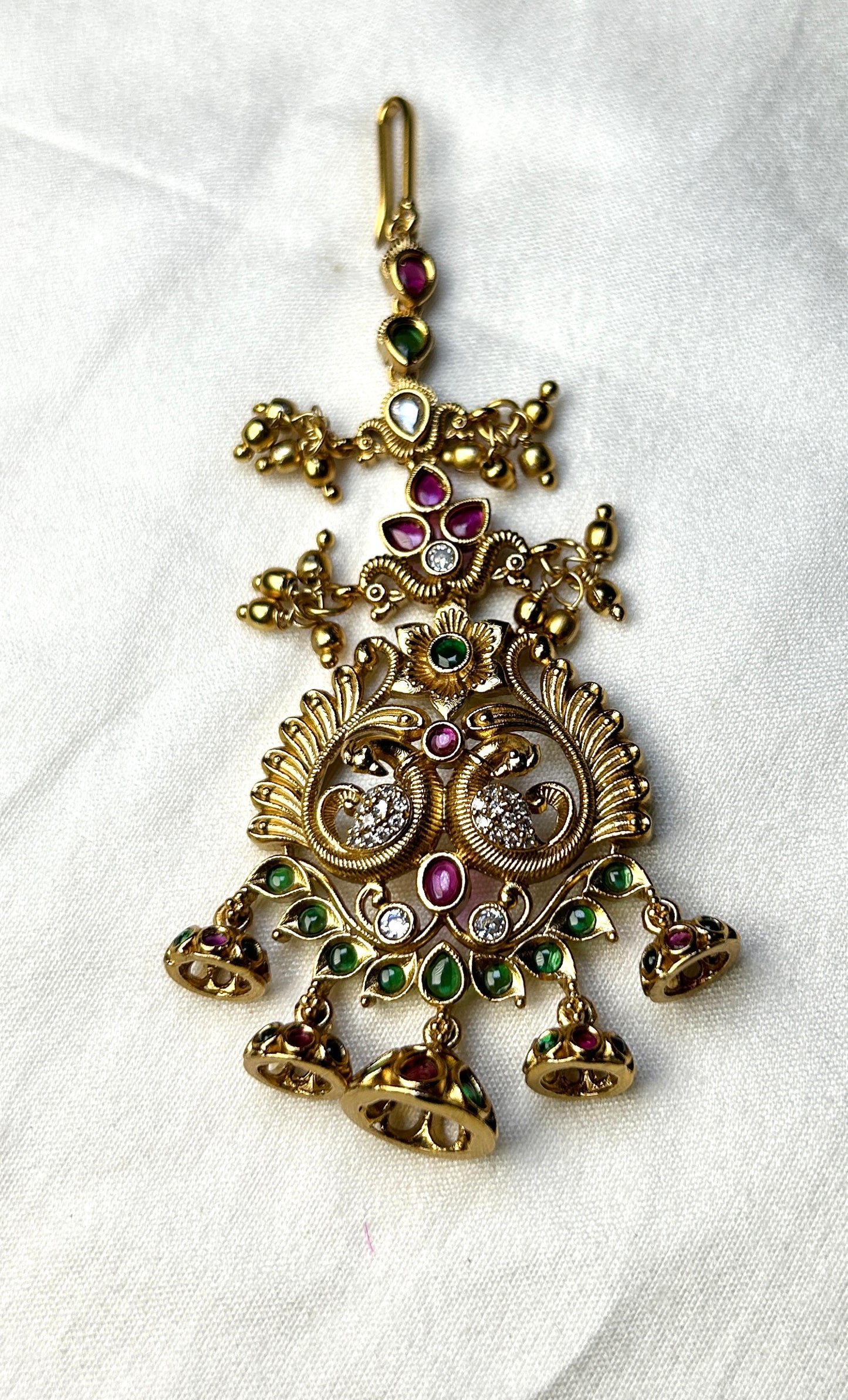 Temple-Style Peacock Maang Tikka with Jhumka Bells