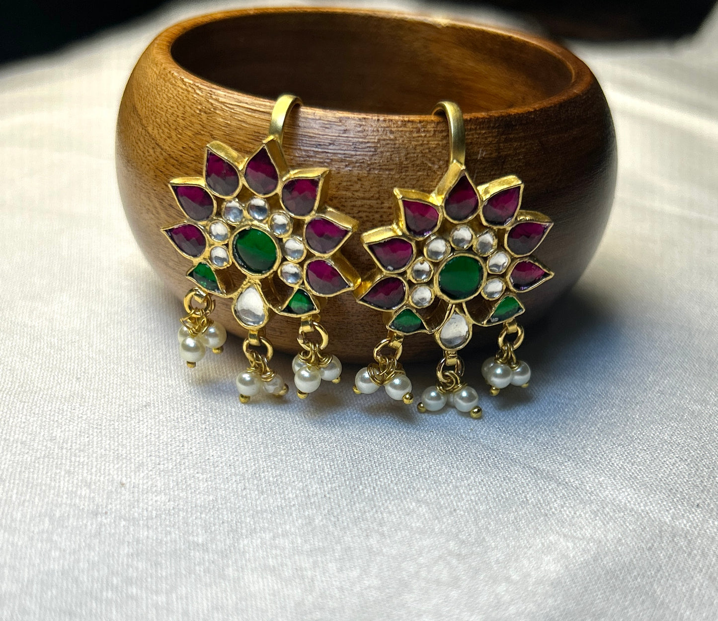 Pachi Kundan Floral Sunburst Bugdi Earrings