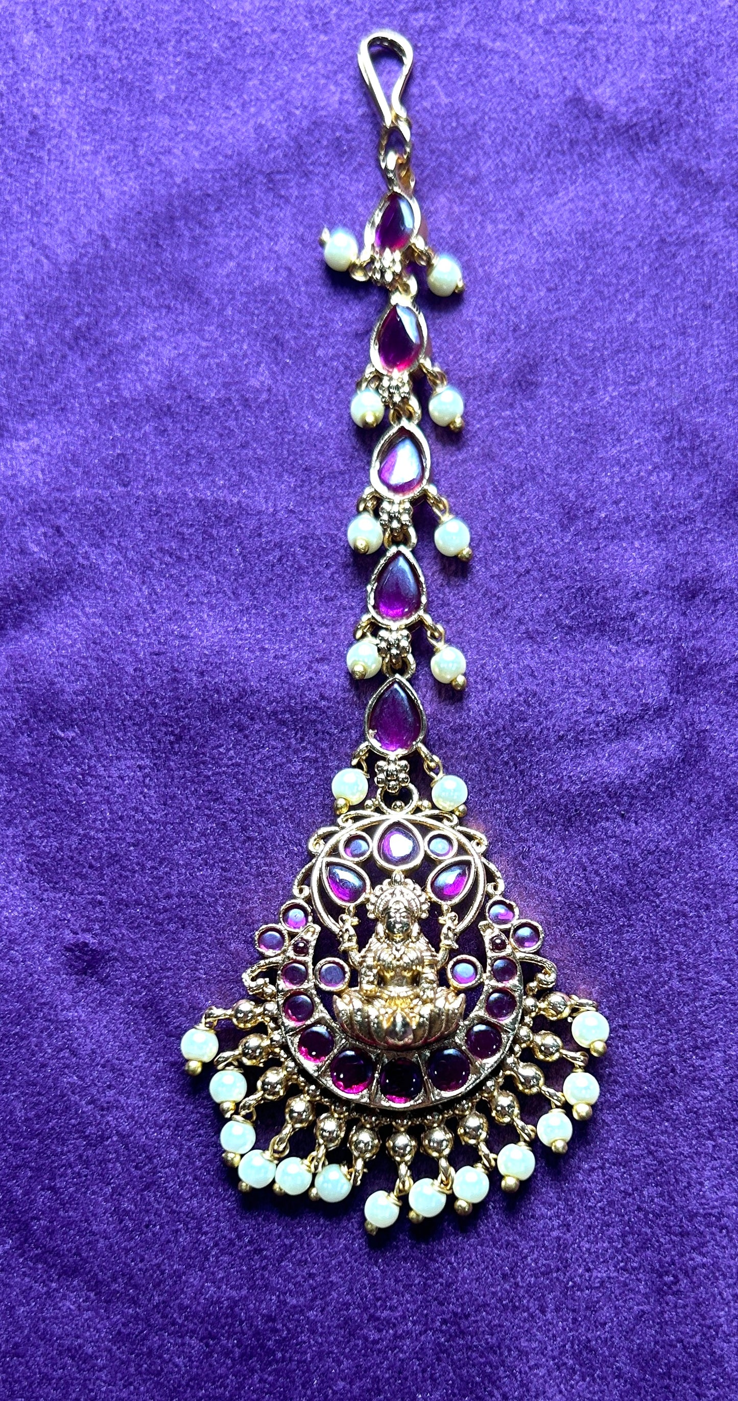 Lakshmi Motif Maang Tikka with Purple Kundan & Pearl Drops
