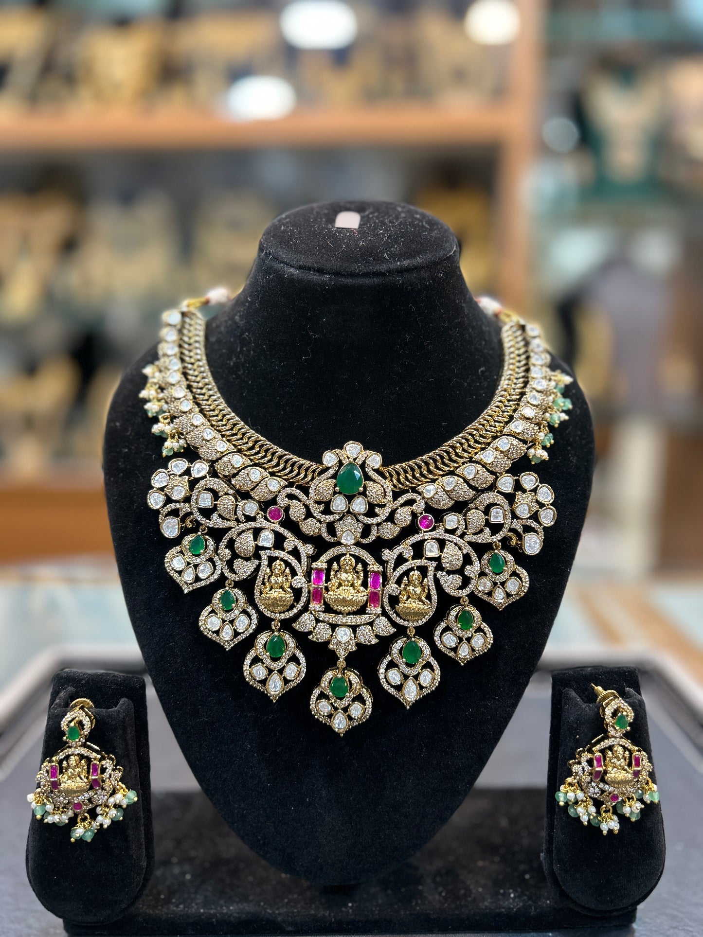 Rajwada Lakshmi Emerald Temple Necklace Set