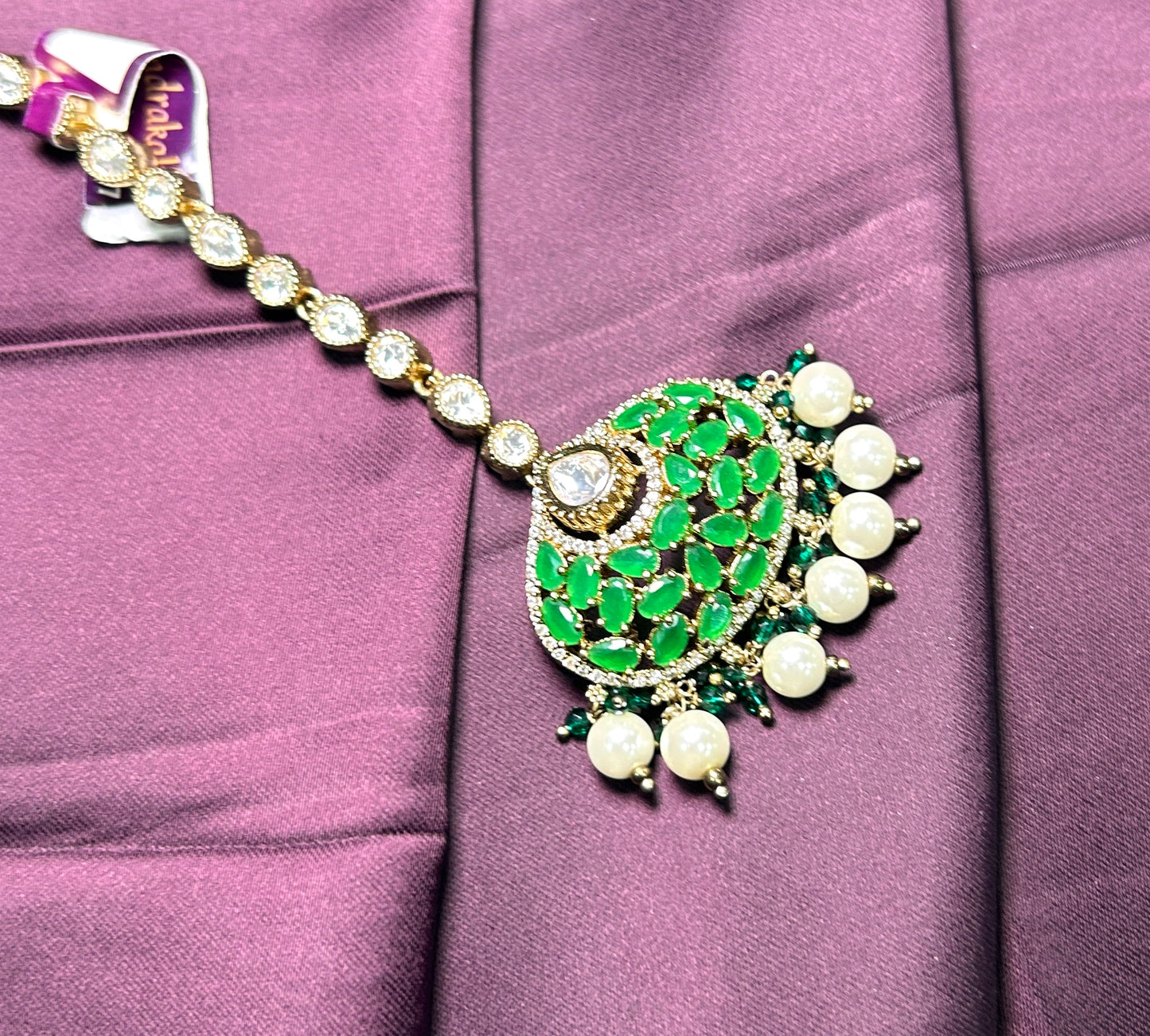 Royal Green Kundan & Pearl Maang Tikka
