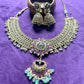 Antique Lakshmi Pendant Necklace Set with Green Bead Drops