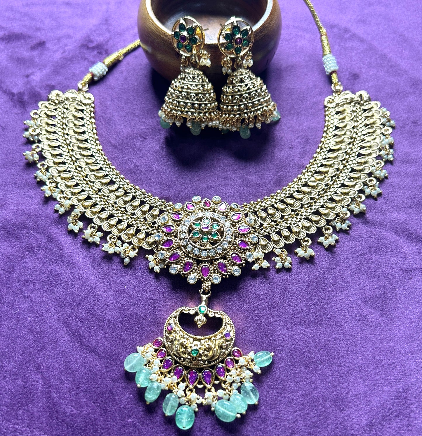 Antique Lakshmi Pendant Necklace Set with Green Bead Drops