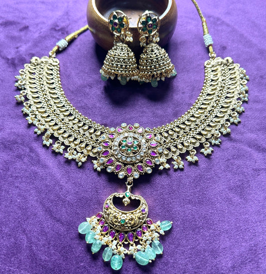 Antique Lakshmi Pendant Necklace Set with Green Bead Drops