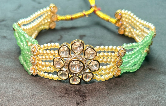Kundan Floral Choker with Pearl & Green Bead Strands