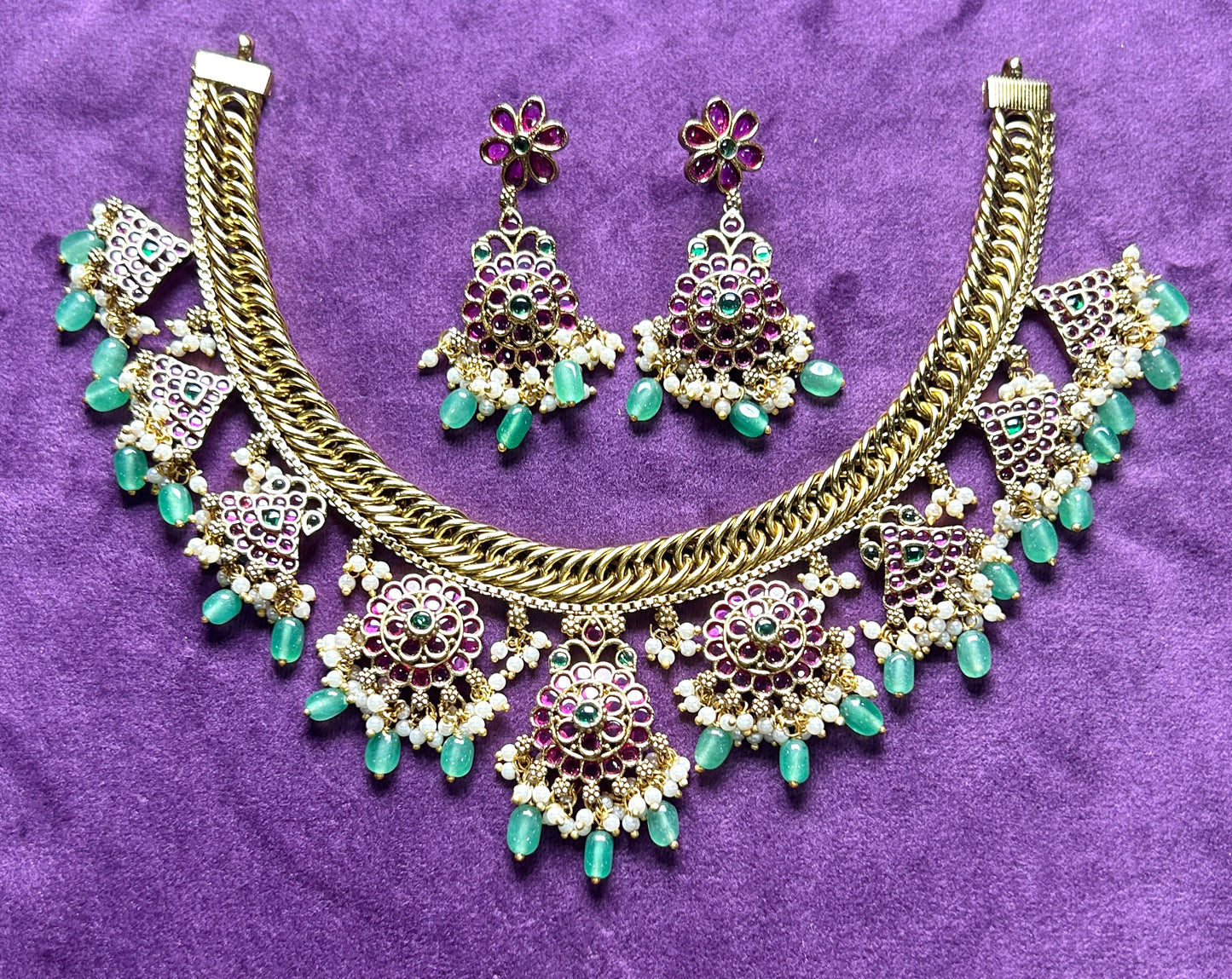 Statement Floral Meenakari Choker Set with Green Drops