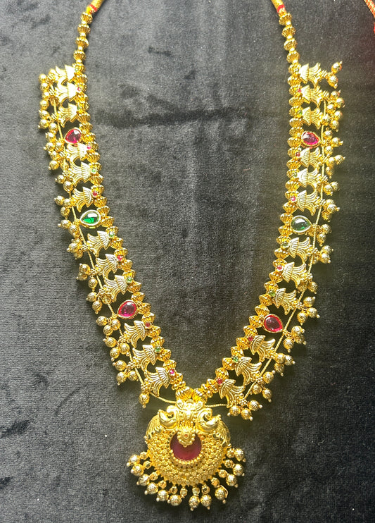 Rajwadi Peacock Pendant Haar with Ruby-Green Accents
