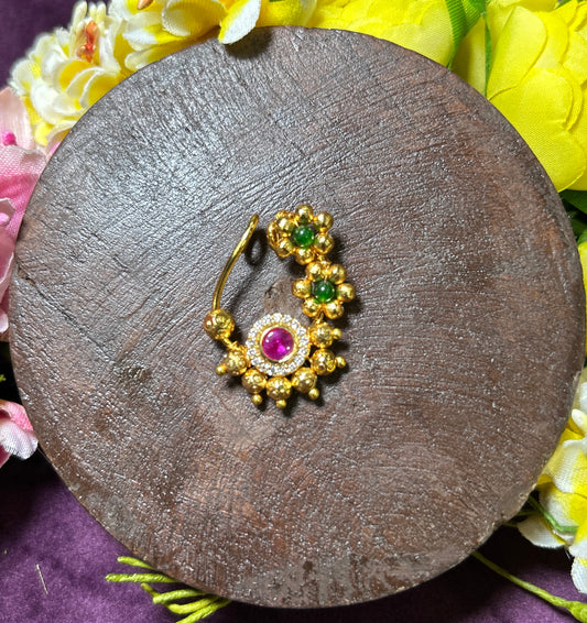 Traditional Floral Maharashtrian Nath with Ruby & Green Stone Accents