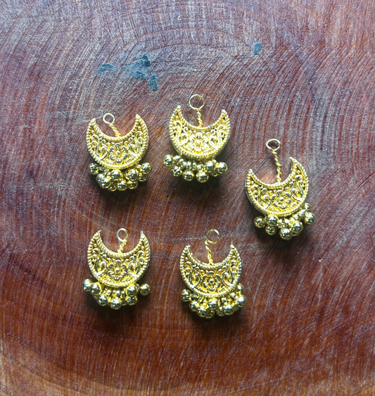 Golden Crescent Moon Hair Accessory with Floral Detailing & Ghungroo