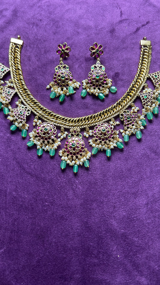 Statement Floral Meenakari Choker Set with Green Drops