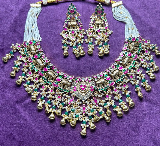 Grand Pachikundan Bridal Necklace Set with Temple Chariot Motifs