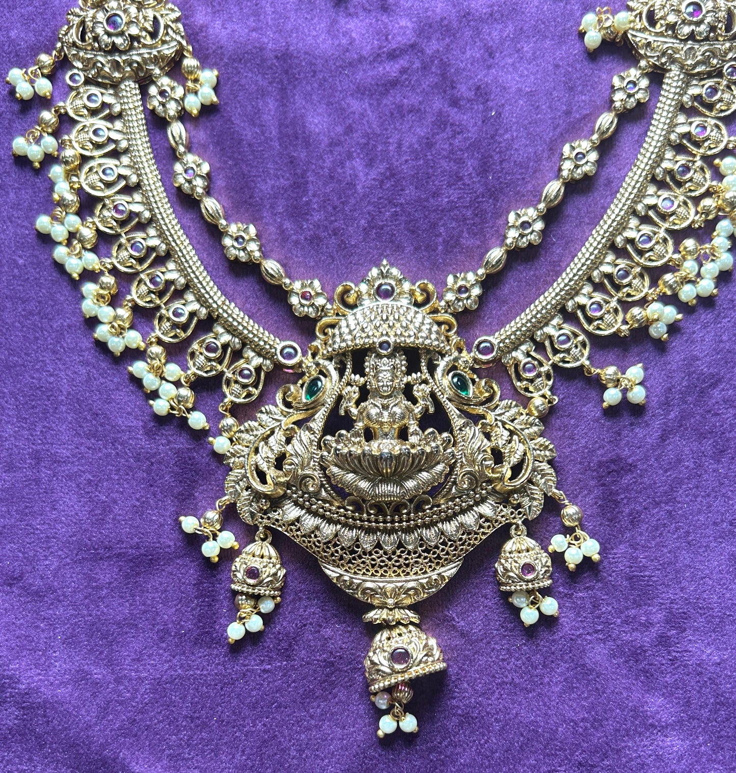 Antique Temple Jewellery Necklace Set with Goddess Lakshmi Motif