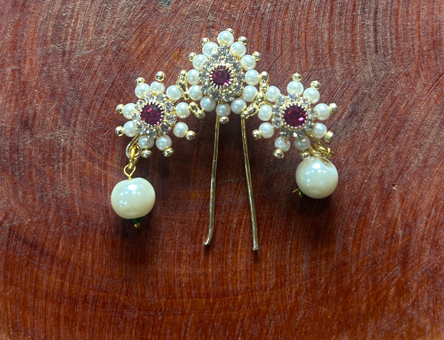 Floral Pearl Hair Pin with Ruby Center & Dangling Pearl