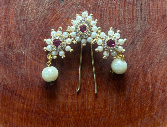 Floral Pearl Hair Pin with Ruby Center & Dangling Pearl