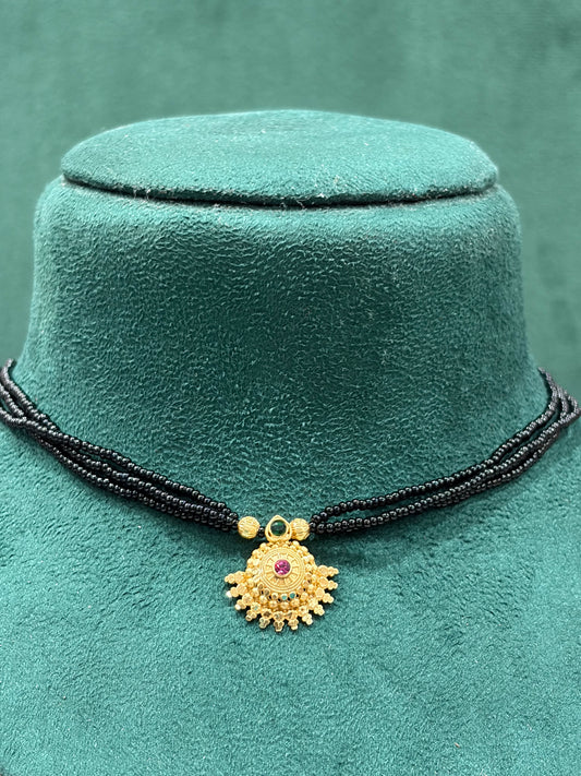 Traditional Gold-Tone Round Pendant Black Beads Mangalsutra