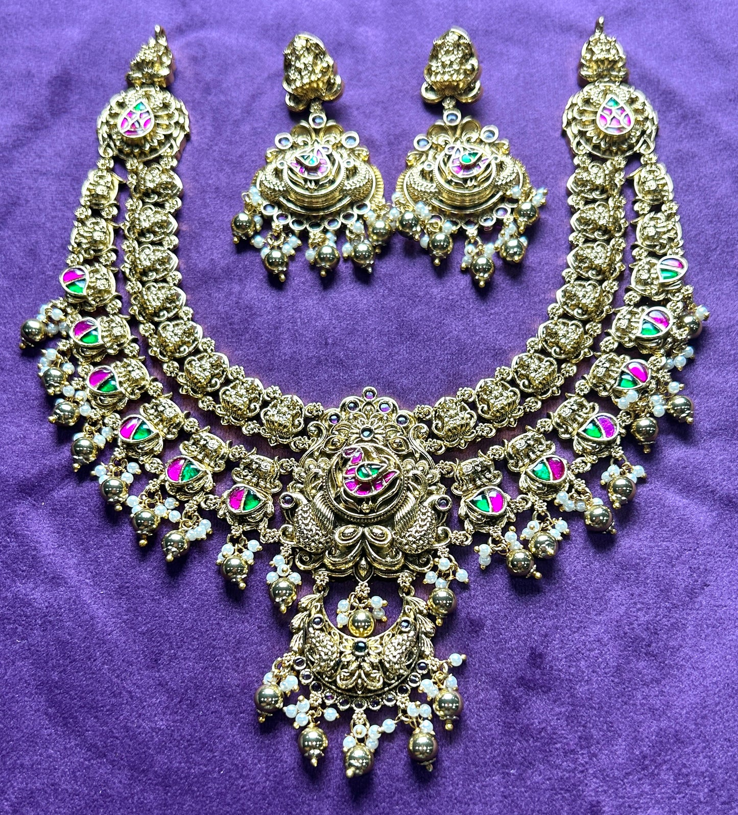 Antique Meenakari Short Temple Necklace Set