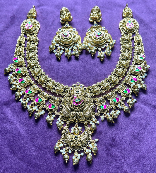 Antique Meenakari Short Temple Necklace Set