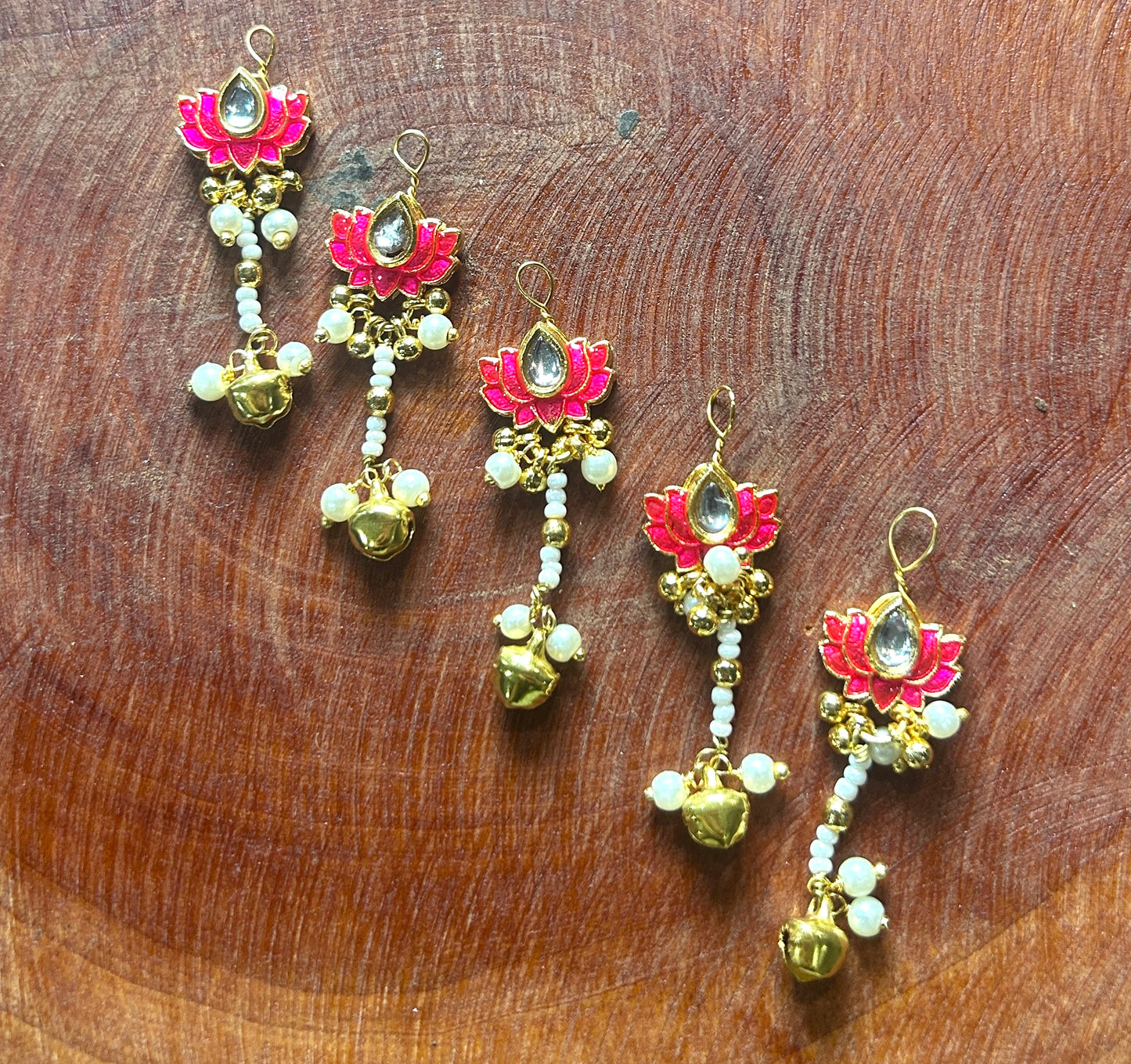 Pink Lotus Hair Accessory with Hanging Pearl & Ghungroo Chain