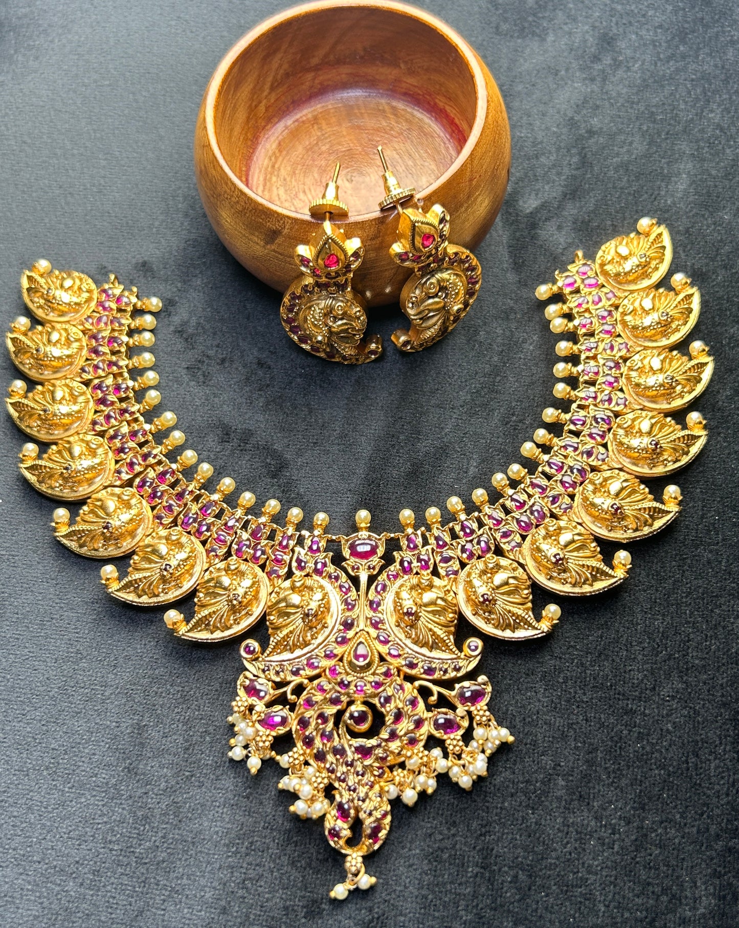 Makara Motif Temple Necklace Set – Antique Gold with Ruby Accents