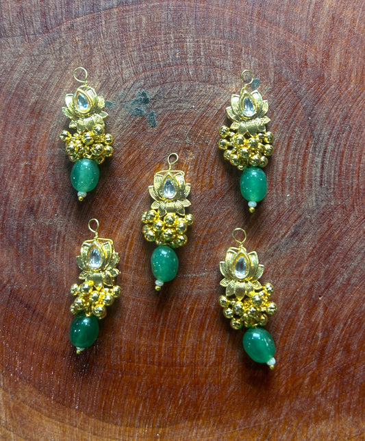 Golden Lotus Hair Accessory with Green Bead Drop & Ghungroo Cluster