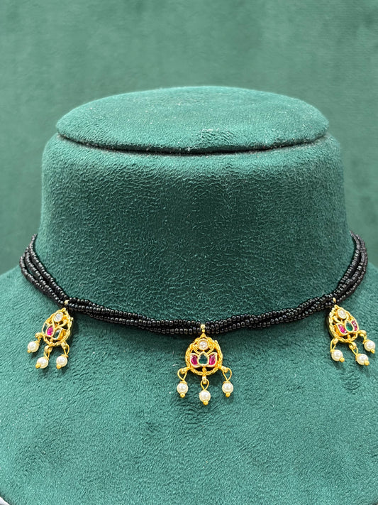 Pink & Green Paachi Kundan Black Beaded Necklace with Triple Pendants