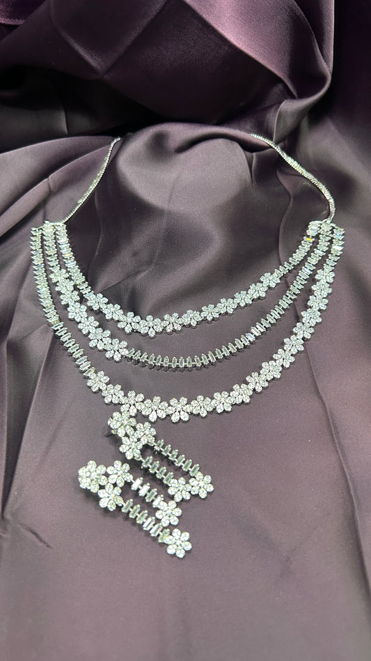 Triple Layer Diamond Floral Necklace Set