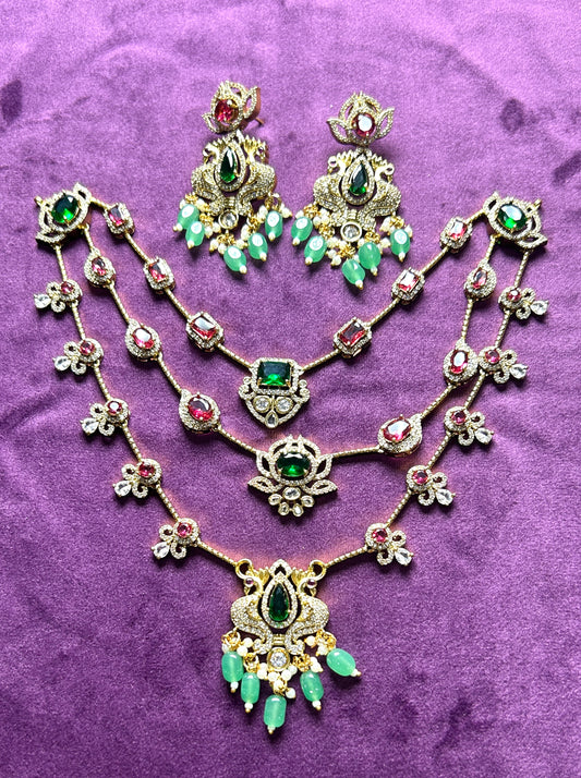 Multilayer Ruby-Emerald Stone Necklace Set with Earrings