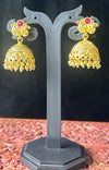 Classic Gold Jhumkas with Butterfly Stud & Red Stone Accent