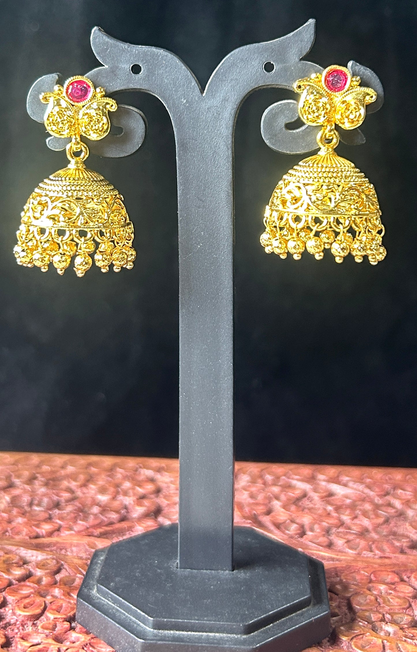Classic Gold Jhumkas with Butterfly Stud & Red Stone Accent