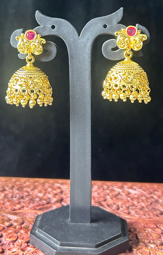 Classic Gold Jhumkas with Butterfly Stud & Red Stone Accent