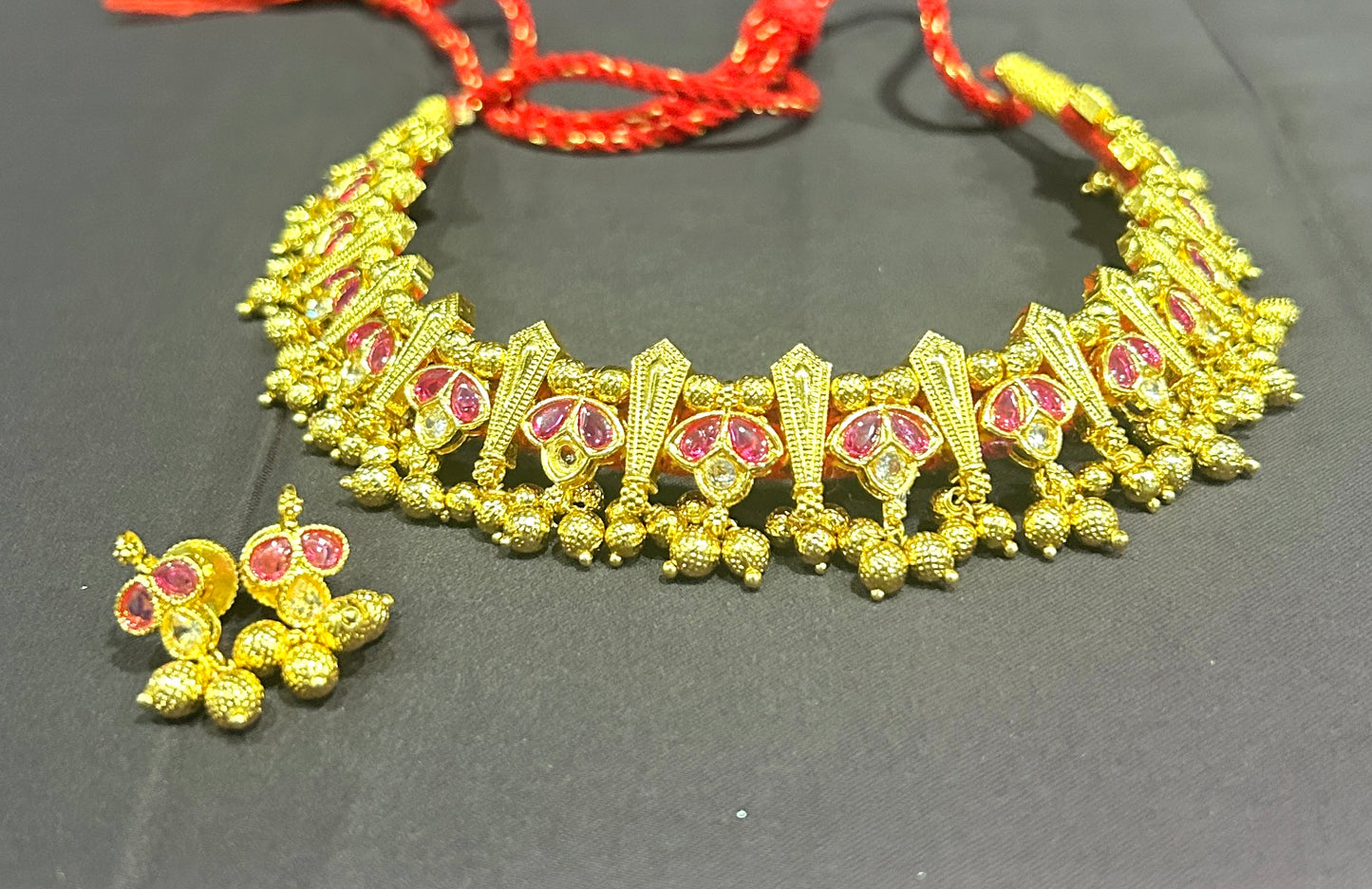 Traditional Ruby Stone Choker Set with Earrings