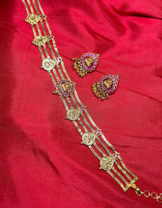 Triple Chain Lakshmi Coin necklace  with Earrings