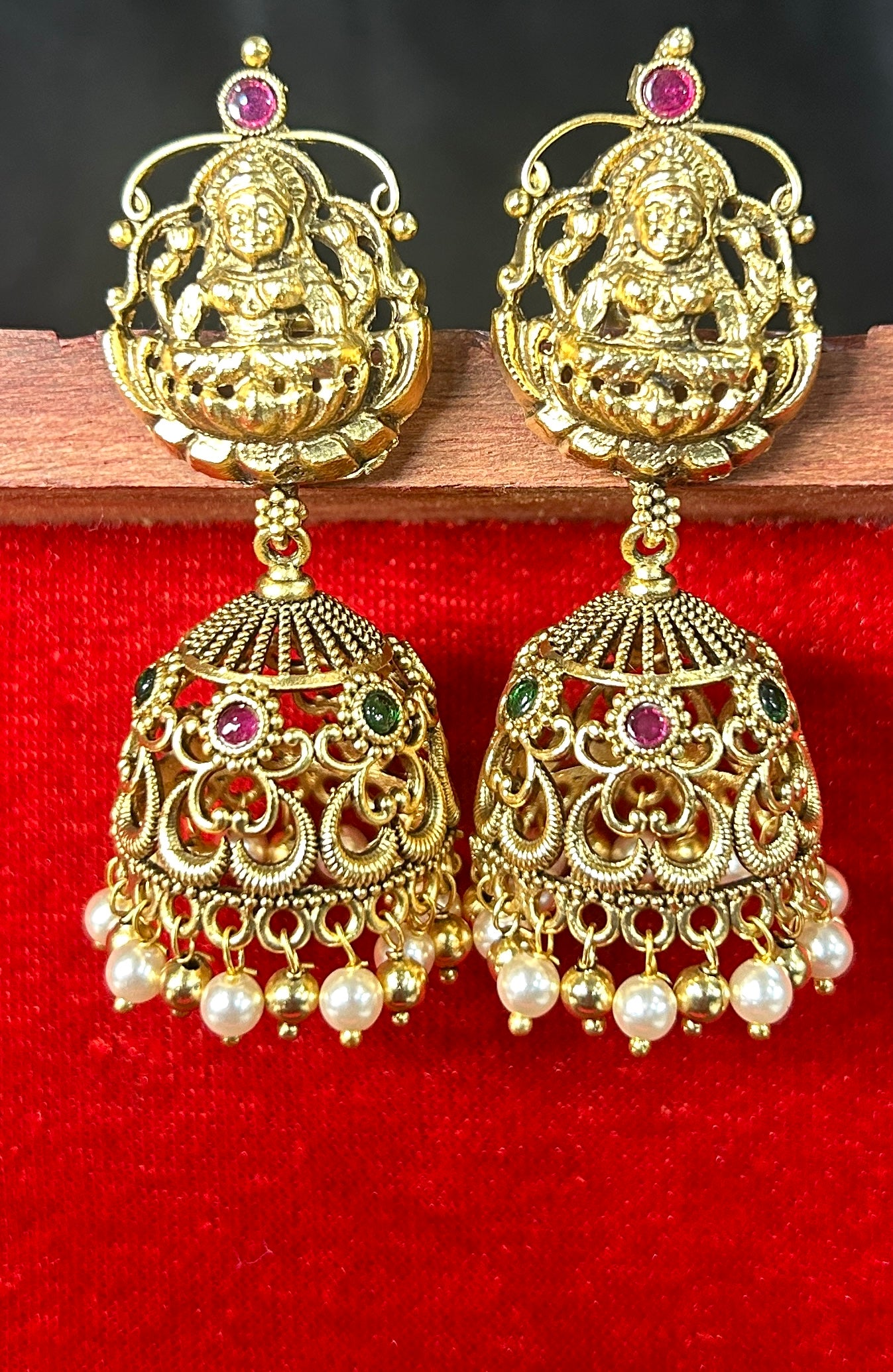Lakshmi Lotus Temple Jhumkas with Pearl Hangings