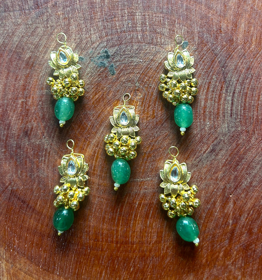 Golden Lotus Hair Accessory with Green Bead Drop & Ghungroo Cluster