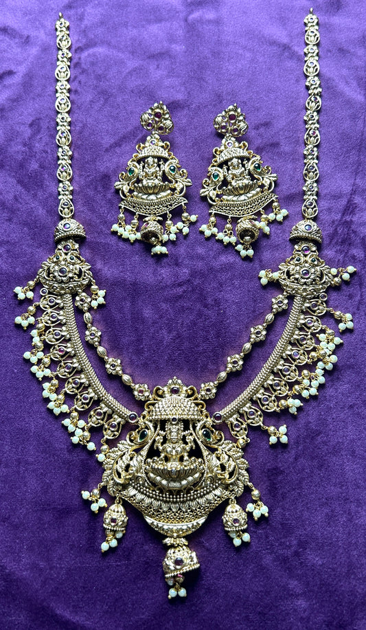 Antique Temple Jewellery Necklace Set with Goddess Lakshmi Motif