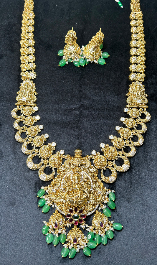 Lakshmi Antique Temple long Necklace with Emerald Drops